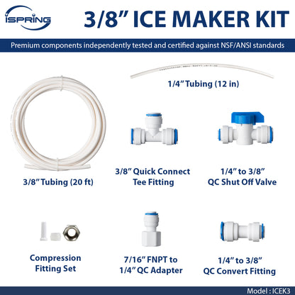 iSpring ICEK3 20 feet 3/8'' Tubing Water Line Splitter and Reverse Osmosis Refrigerator Ice Maker Kit, Fits PH100, RO100, US15 Series, Everything Included for Installation