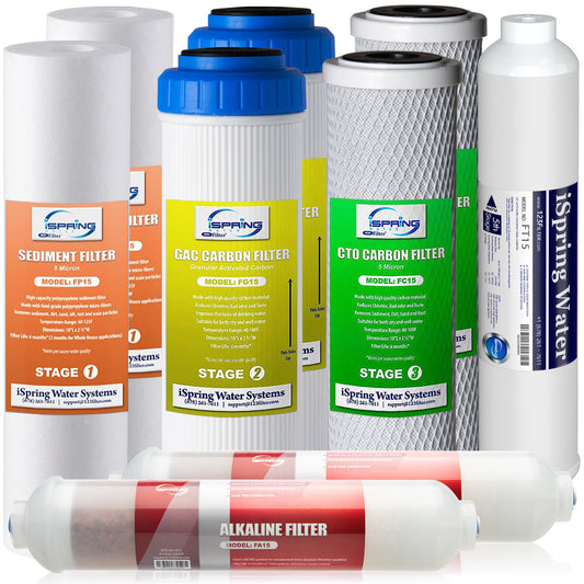 iSpring F9K NSF/ANSI 58 Certified 10" x 2.5"; Standard 6-Stage Alkaline Reverse Osmosis Water Filtration Systems 1-Year Filter Replacement Cartridges, 9-piece