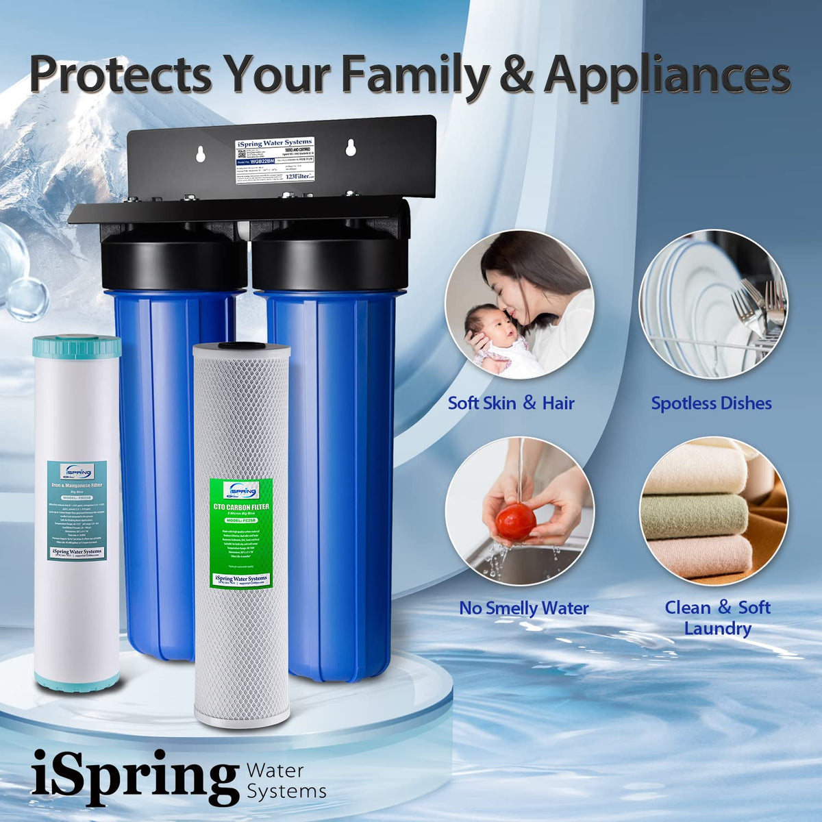 iSpring WGB22BM Whole House Water Filter System, Highly Reduces Iron, Manganese, Chlorine, Taste, Odor, 2-Stage Whole House Water Filtration System, 1" NPT Inlet/Outlet