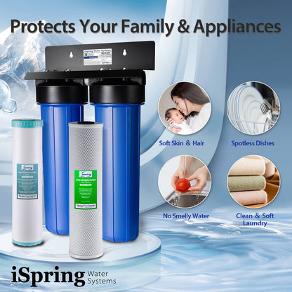 iSpring WGB22BM Whole House Water Filter System, Highly Reduces Iron, Manganese, Chlorine, Taste, Odor, 2-Stage Whole House Water Filtration System, 1" NPT Inlet/Outlet