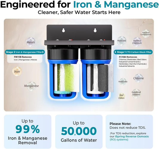 iSpring WGB21BM 2-Stage Whole House Water Filtration System, 10” x 4.5” Carbon Block and Iron & Manganese Reducing Filters, 1" Ports