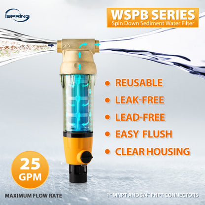 iSpring WSPB Large Reusable Whole Spin-down Sediment Water Filter with Scraper and Brass Top Clear Housing, 50 Micron