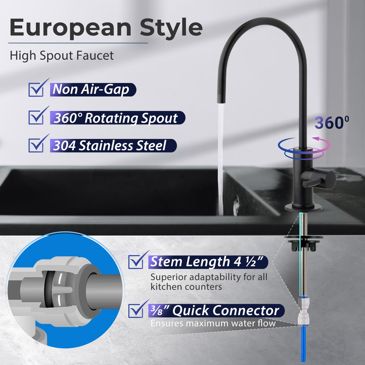 iSpring GA3-ORB Drinking Water Faucet for Kitchen Sink with 3/8'' Connector, Heavy Duty Lead-Free Reverse Osmosis Faucet for RO System, Non-Air Gap 100% Stainless Steel RO Faucet, Oil Rubbed Finish