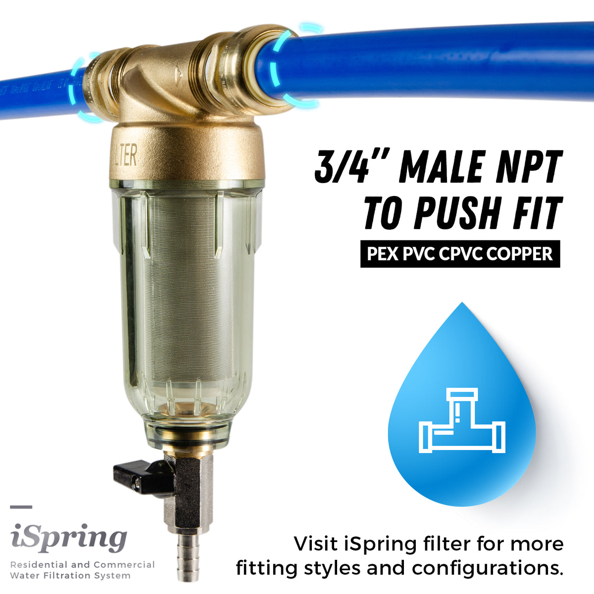 iSpring WSP-50+ACPF12MPT12x2 Reusable Spin Down Sediment Water Filter W/Push-Fit Plumbing Fittings