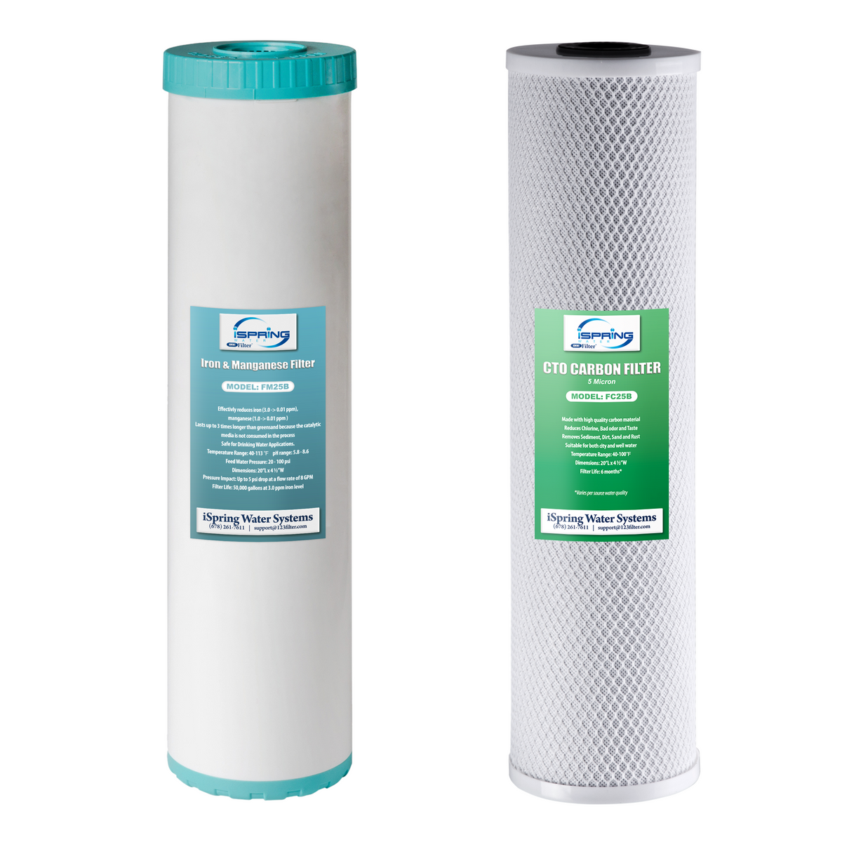 iSpring F2WGB22BM 20" x 4.5" Whole House Water Filter Replacement Set - One Carbon Block Cartridge and One Iron &amp; Manganese Reducing Cartridge