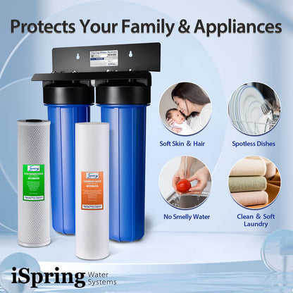 iSpring WGB22B 2-Stage Whole House Water Filtration System, 20” x 4.5” Sediment & Carbon Block Filters, Removes up to 99% Chlorine, Fine Sediment and Bad Taste Removal