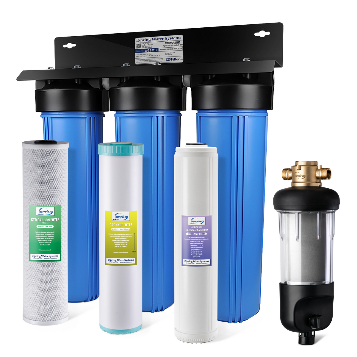 iSpring WGB32B-KDS+WSP50J Whole House Water Filter System w/ Jumbo-Sized Spin Down Sediment Filter, Polyphosphate Anti-Scale, GAC KDF, and Carbon Block Water Filters, Water Descaler and Water Filter