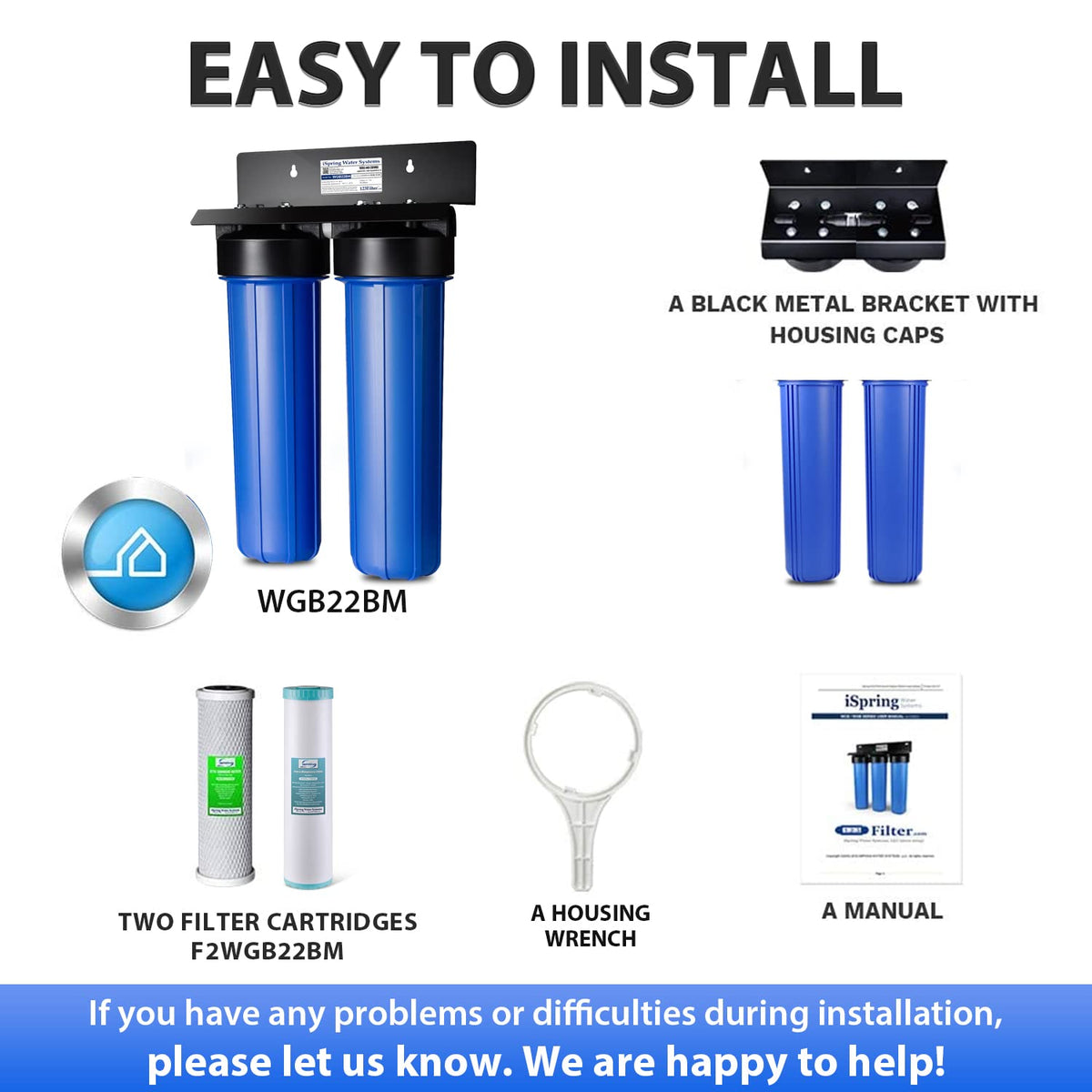 iSpring WGB22BM Whole House Water Filter System, Highly Reduces Iron, Manganese, Chlorine, Taste, Odor, 2-Stage Whole House Water Filtration System, 1" NPT Inlet/Outlet
