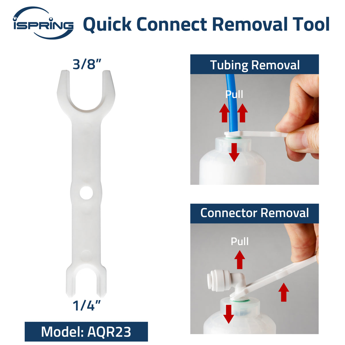 iSpring AQR23 3/8 inch & 1/4 inch Quick Connect Removal Tool for Reverse Osmosis or Under Sink Water Filtration System, 2-in-1 Plastic Disconnect Tool