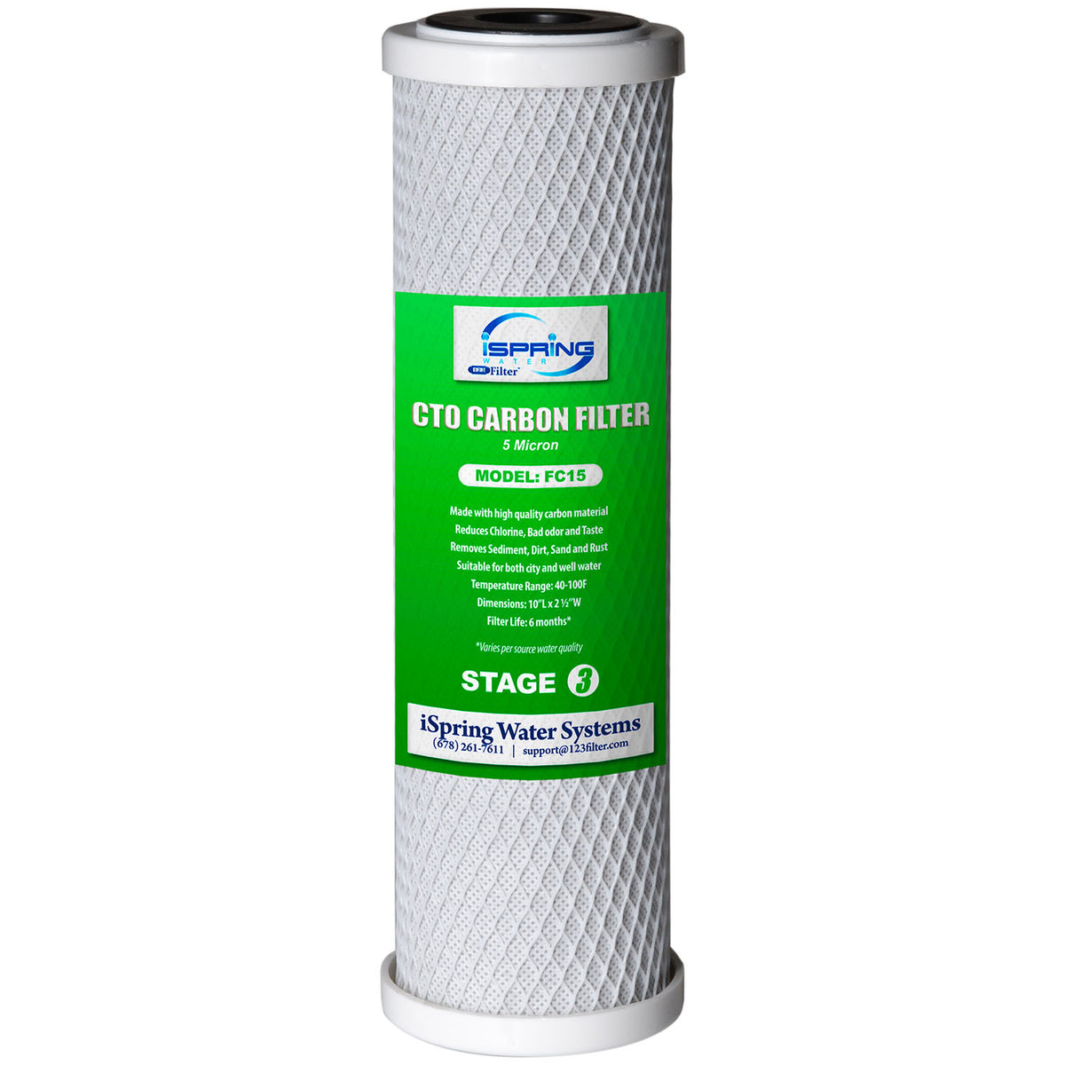 iSpring FC15 NSF/ANSI 58 Certified Standard 10 inch CTO Carbon Block Water Filter Cartridge Replacement, 5 Microns