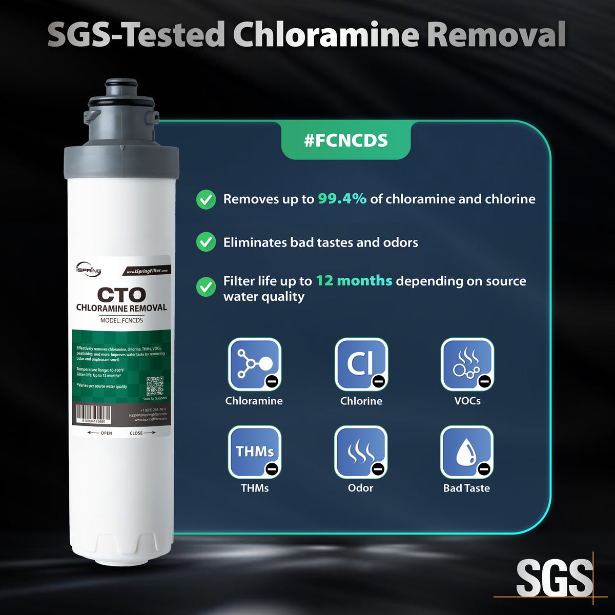 iSpring FCNCDS SGS-Tested Chloramine Removal CTO Carbon Block Replacement Water Filter Cartridge for DS4 Series