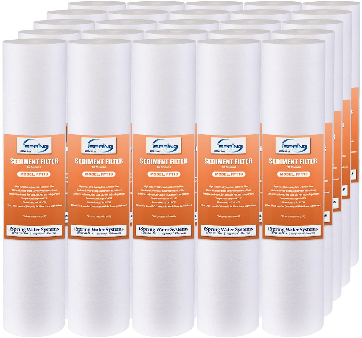 iSpring FP110X25 10 Micron, 25 Pack 10" x 2.5" Universal Multi-layer Sediment Water Filter Replacement Cartridges, White, 25 Piece