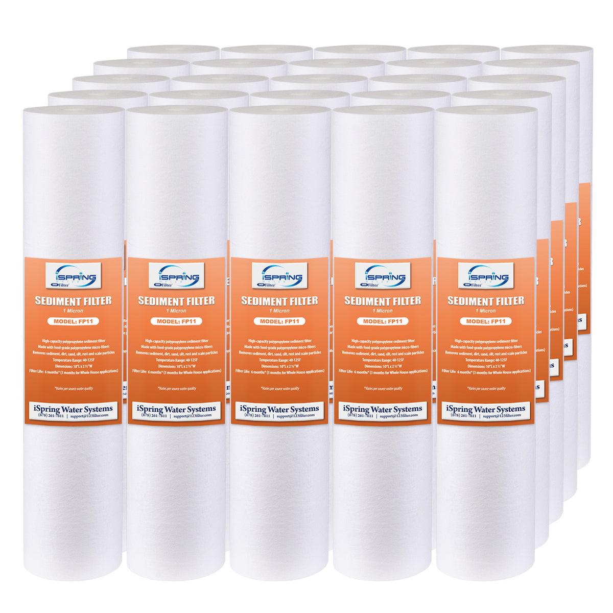 iSpring FP11X25 1 Micron Box of 25 10"x2.5" Standard Sediment Water Filter Replacement Cartridges, 25-Pack
