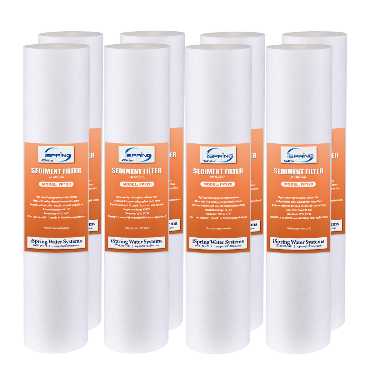 iSpring FP120X8 20 micron 10"x2.5" Standard Sediment Filter Cartridges, 15,000-Gallon, Multi-layer, 8-Pack