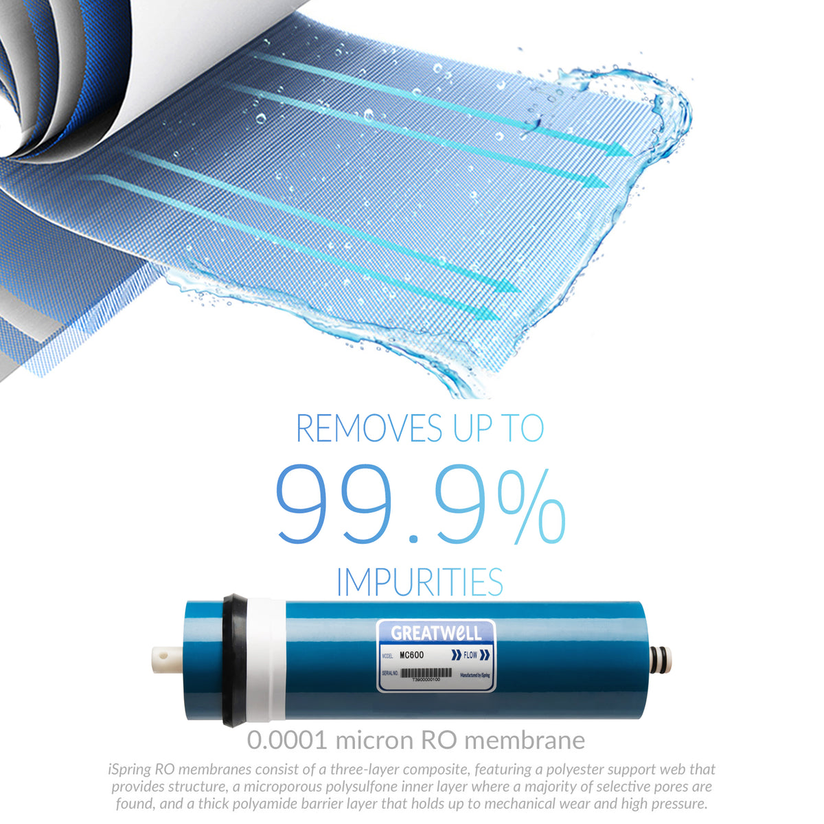 iSpring MC600 RO Membrane Replacement Filter for Tankless Countertop Reverse Osmosis Water Filtration System RCT600, 600 GPD
