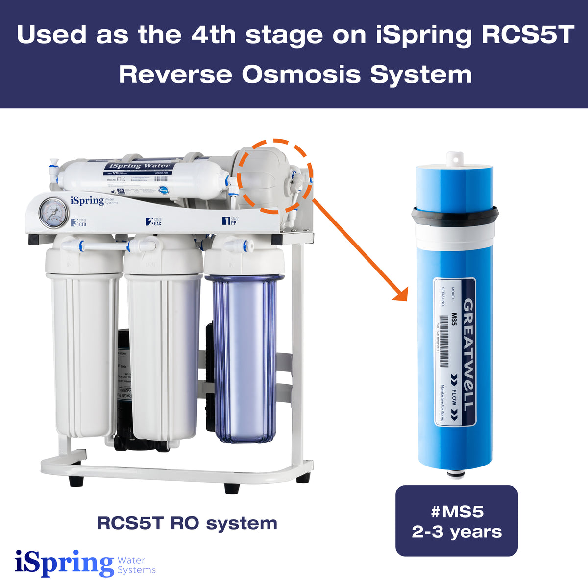 iSpring MS5-N 500GPD Reverse Osmosis (RO) Membrane Replacement 3.0" x 11.7", Fits RCS5T, Updated Version