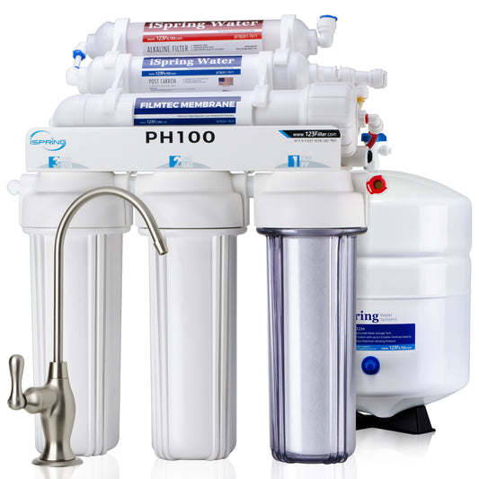 iSpring PH100 6-Stage 100 GPD Under Sink Reverse Osmosis RO Drinking Water Filtration System 1:1 Pure to Waste Ratio with Alkaline Remineralization