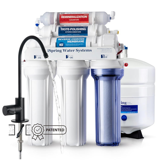 iSpring RCC7AK-BLK, NSF/ANSI 58 Certified, Alkaline 6-Stage Reverse Osmosis System with Stylish Black RO Faucet, pH  Remineralization RO Water Filter System Under Sink