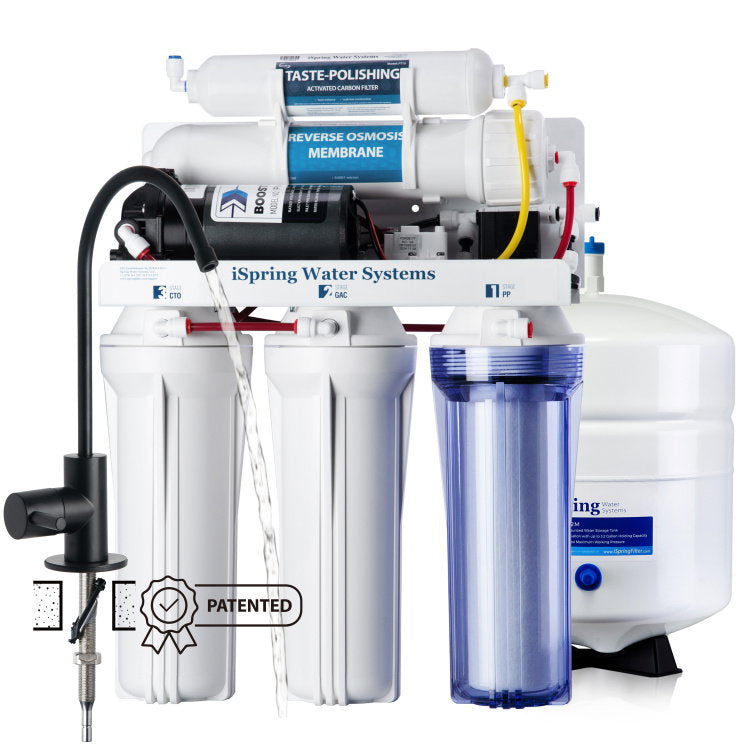 iSpring RCC7P-BLK, 5-Stage Reverse Osmosis System with Booster Pump, Up to 2:1 Pure to Drain RO Water Filtration System, Sleek Black RO Faucet, TDS PFAS Microplastic Removal, Patented Top-Mounted Faucet Design for Easy Installation