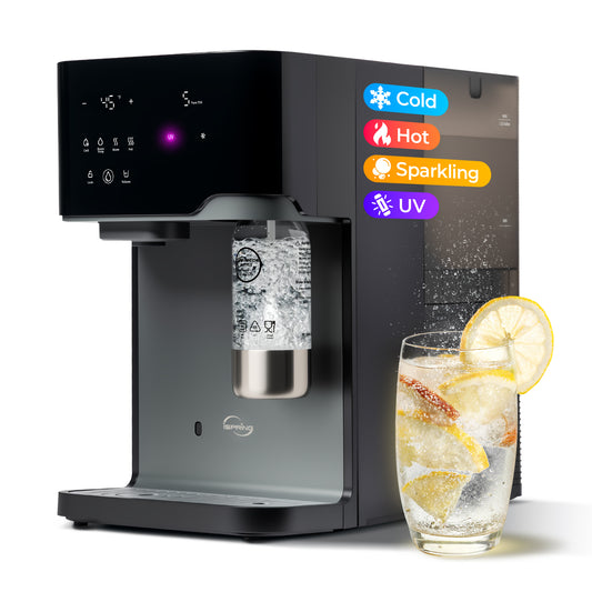 iSpring Sparkling Water Maker with UV, Hot &amp; Cold Countertop Reverse Osmosis Water Filter, PFAS &amp; TDS Removal, Real-Time TDS Monitor, Fits Standard Screw-in CO? Cylinders, Model# RCD100SPKHC