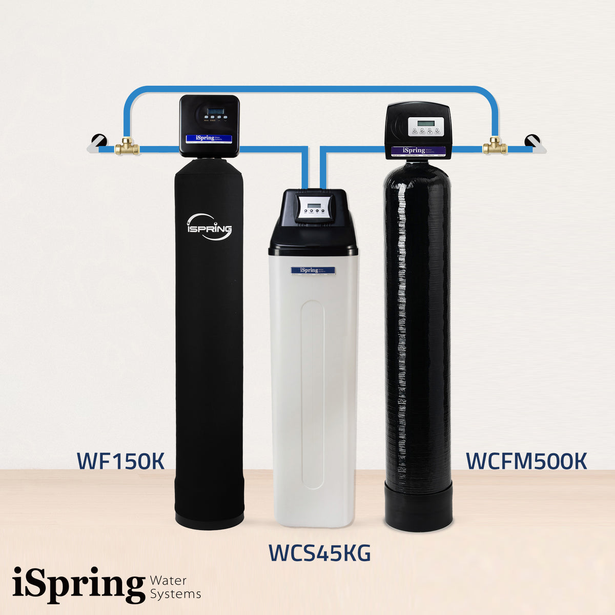 iSpring WCFM500K+WCS45KG+WF150K Whole House Iron, Manganese, and Hydrogen Sulfide Water Filter   Water Softener   Chlorine, Chloramine, and Heavy Metal Water Filter - Set &amp; Forget