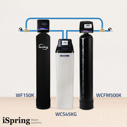 iSpring WCFM500K+WCS45KG+WF150K Whole House Iron, Manganese, and Hydrogen Sulfide Water Filter   Water Softener   Chlorine, Chloramine, and Heavy Metal Water Filter - Set &amp; Forget