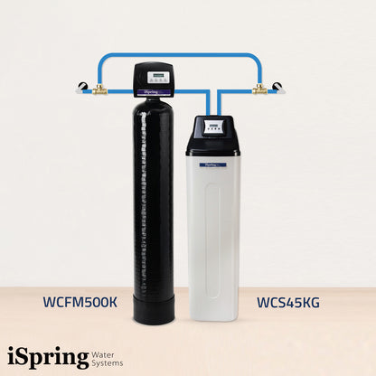 iSpring WCS45KG+WCFM500K Whole House Iron, Manganese, and Hydrogen Sulfide Water Filter   Water Softener - Set &amp; Forget