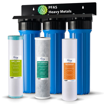 iSpring WGB32B-PFKS PFAS & Heavy Metals Whole House Water Filter System, SGS-Tested to Reduce Up to 99% PFOA & PFOS, 3-Stage Filtration Removes Sediment, Lead, Chlorine, Taste & Odor, 20” x 4.5” Filters, 1” Inlet/Outlet