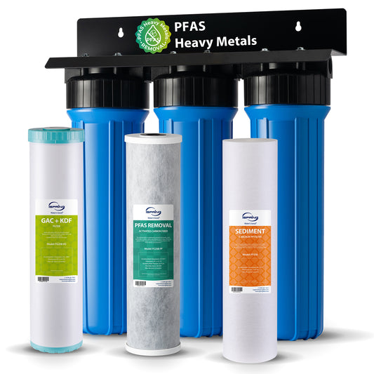 iSpring WGB32B-PFKS PFAS & Heavy Metals Whole House Water Filter System, SGS-Tested to Reduce Up to 99% PFOA & PFOS, 3-Stage Filtration Removes Sediment, Lead, Chlorine, Taste & Odor, 20” x 4.5” Filters, 1” Inlet/Outlet