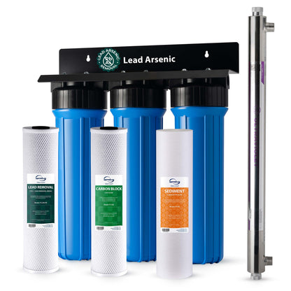 iSpring WGB32BCPB+UVF55FS 3-Stage Whole House Water Filtration System, Removes Sediment, Chlorine, Chloramines, Odor and up to 99% Lead, w/ Smart Flow Sensor UV Filter for Bacteria&Viruses Removal