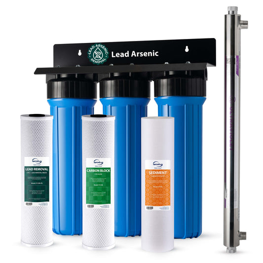 iSpring WGB32BCPB+UVF55FS 3-Stage Whole House Water Filtration System, Removes Sediment, Chlorine, Chloramines, Odor and up to 99% Lead, w/ Smart Flow Sensor UV Filter for Bacteria&Viruses Removal