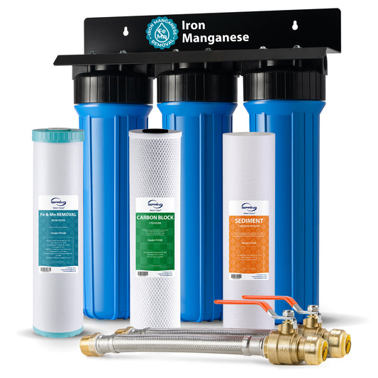 iSpring WGB32BM+AHPF12MNPT16X2 3-Stage Whole House Water Filter System, Reduces Iron & Manganese, Chlorine, Sediment Home Water Filtration System w/ 3/4'' Braided Stainless Steel Hose Connectors