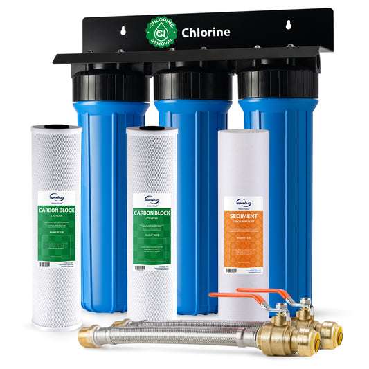 iSpring WGB32B+AHPF12MNPT16X2 3-Stage Whole House Water Filter System, Reduces Chlorine, Sediment Home Water Filtration System w/ 3/4'' Push-Fit Braided Stainless Steel Hose Connectors
