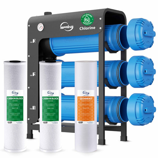 iSpring WHO32B Whole House Water Filter System, Horizontal Housings for Ease Filter Replacement, Reduces Chlorine, Sediment, Odors& 1000+, Commercial-Grade 3-Stage 20"x4.5" Industry Standard Filters, 1" Inlet/Outlet
