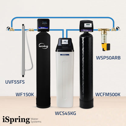 iSpring WSP50ARB+WCFM500K+WCS45KG+WF150K+UVF55FS Well Water Filtration Solution - Set &amp; Forget