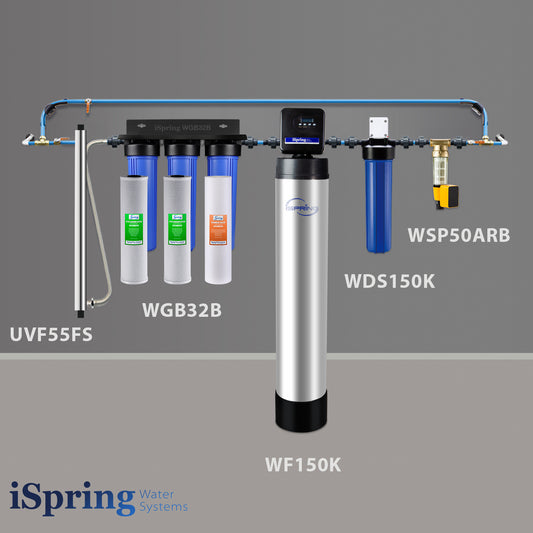 iSpring WSP50ARB+WDS150K+WF150K+WGB32B+UVF55FS Well Water Solution with Finest 3-stage