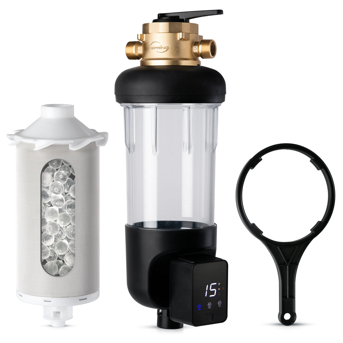 iSpring WSPSL-ARJ-BP NSF Certified, Whole House Spin Down Sediment Water Filter, 4 Modes Bypass, Includes Siliphos Helps Prevent Scale, Clear Housing, Jumbo Size, Touch-Screen Auto Flushing