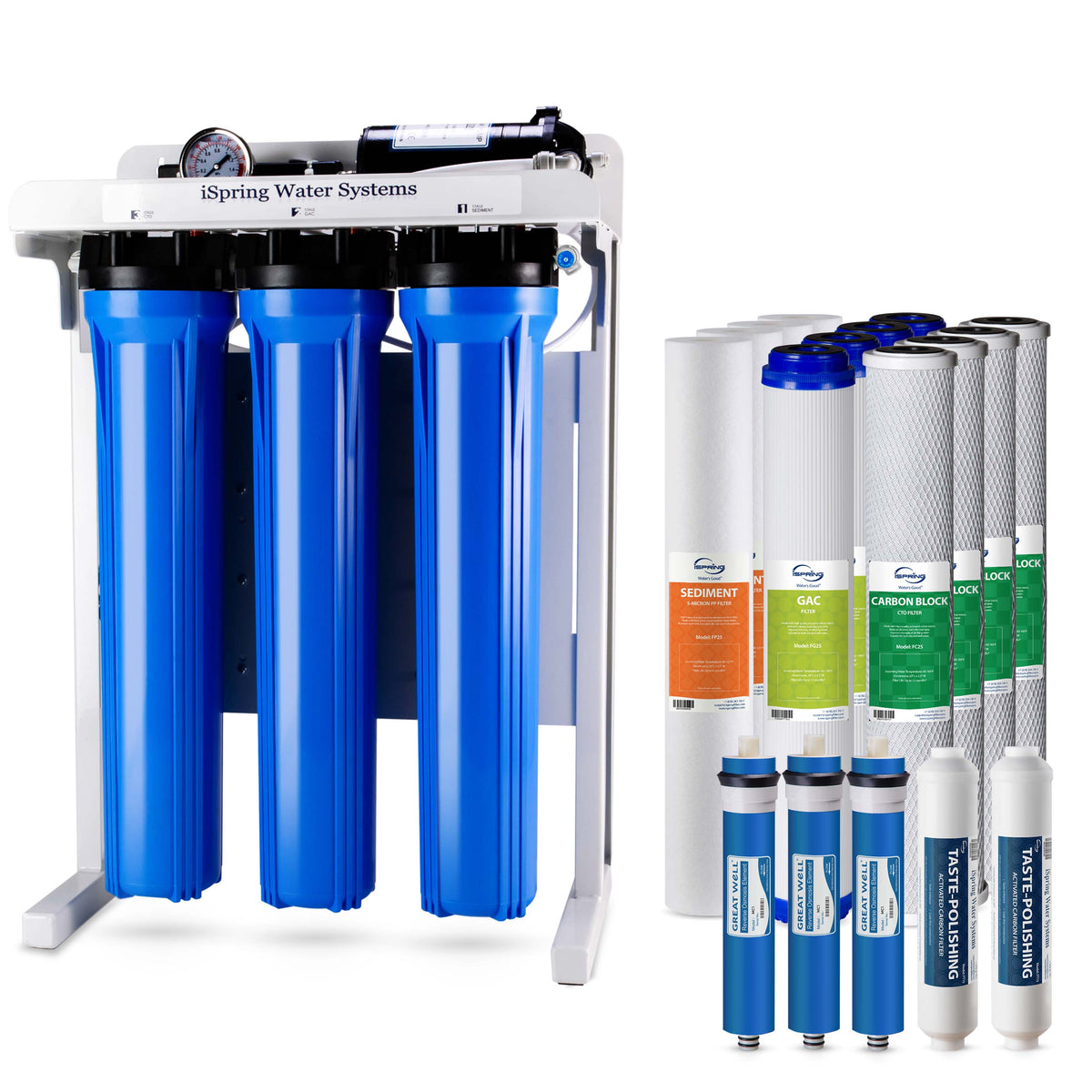 iSpring Light Commercial Tankless Reverse Osmosis Water Filtration System, Removes up to 99% contaminants, 300 GPD, Booster Pump &amp; Pressure Gauge, w/ up to 2-Year Replacement Filter Set (Model: RCB3P)