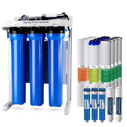 iSpring Light Commercial Tankless Reverse Osmosis Water Filtration System, Removes up to 99% contaminants, 300 GPD, Booster Pump &amp; Pressure Gauge, w/ up to 2-Year Replacement Filter Set (Model: RCB3P)