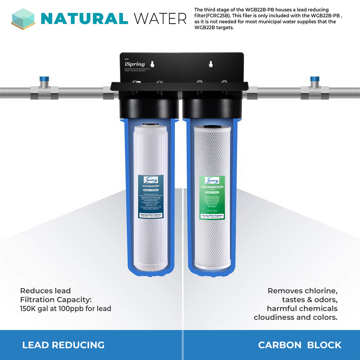 iSpring F2WGB22BPB 20" x 4.5" Whole House Water Filter Replacement Set - One Carbon Block Cartridge and One Lead Reducing Cartridge - Fits WGB22B-PB