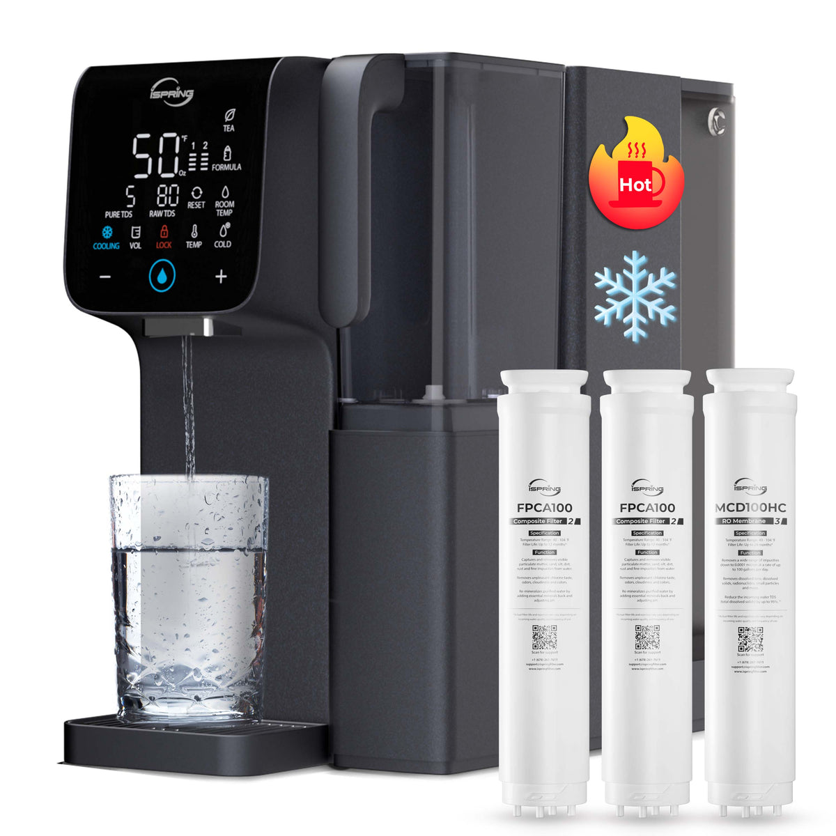 iSpring Countertop RO Alkaline Water Dispenser, 9 Hot &amp; Cold Temperature options, 6 Dispensing Volume Settings, TDS &amp; Filter Life Monitor, w/up to 2-Year Replacement Filter Set (Model: RCD100HCG)