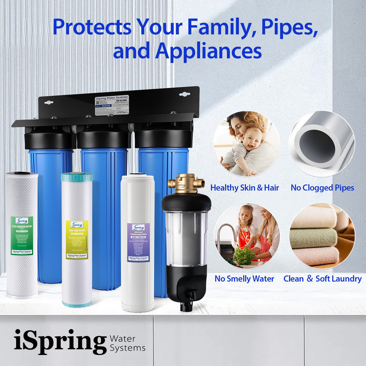 iSpring WGB32B-KDS+WSP50J Whole House Water Filter System w/ Jumbo-Sized Spin Down Sediment Filter, Polyphosphate Anti-Scale, GAC KDF, and Carbon Block Water Filters, Water Descaler and Water Filter