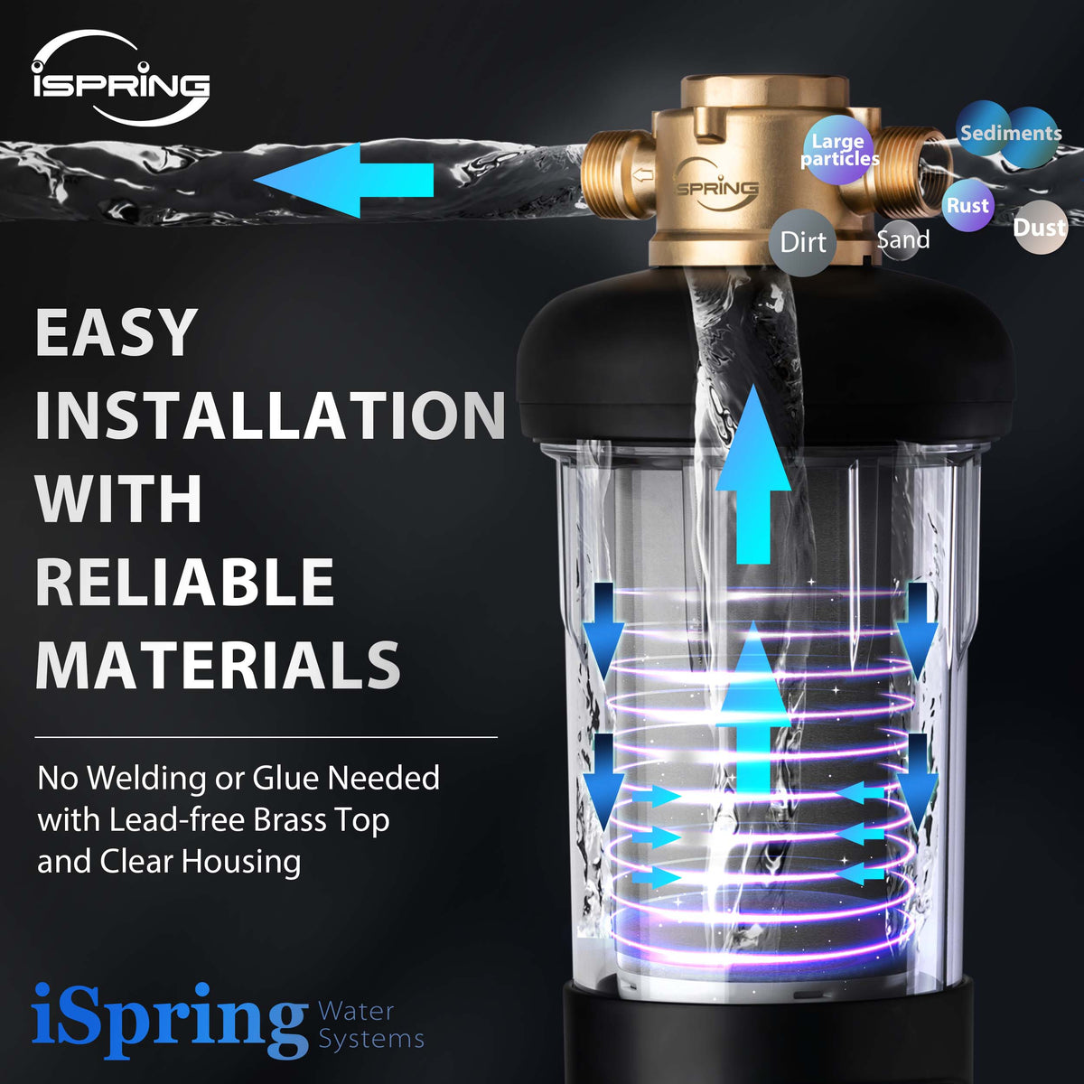 iSpring WSPJ Reusable Whole House Spin-Down Sediment Water Filter, Upgraded Jumbo Size, Large Capacity, 50-Micron Flushable Prefilter Filtration, 1" MNPT + 3/4" FNPT, Lead-Free Brass