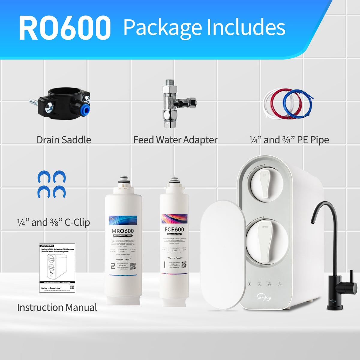 iSpring RO600-ORB Tankless RO Reverse Osmosis Water Filtration System, 600 GPD Fast Flow, Oil Rubbed Black Faucet, 2.5:1 Pure to Drain Ratio