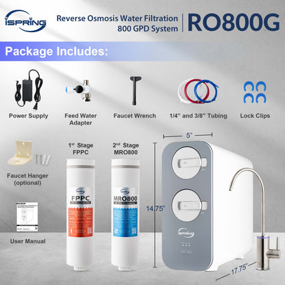 iSpring RO800G Tankless RO Reverse Osmosis Water Filtration System, 800 GPD Fast Flow, Up to 2.5:1 Pure to Drain Ratio, Gray