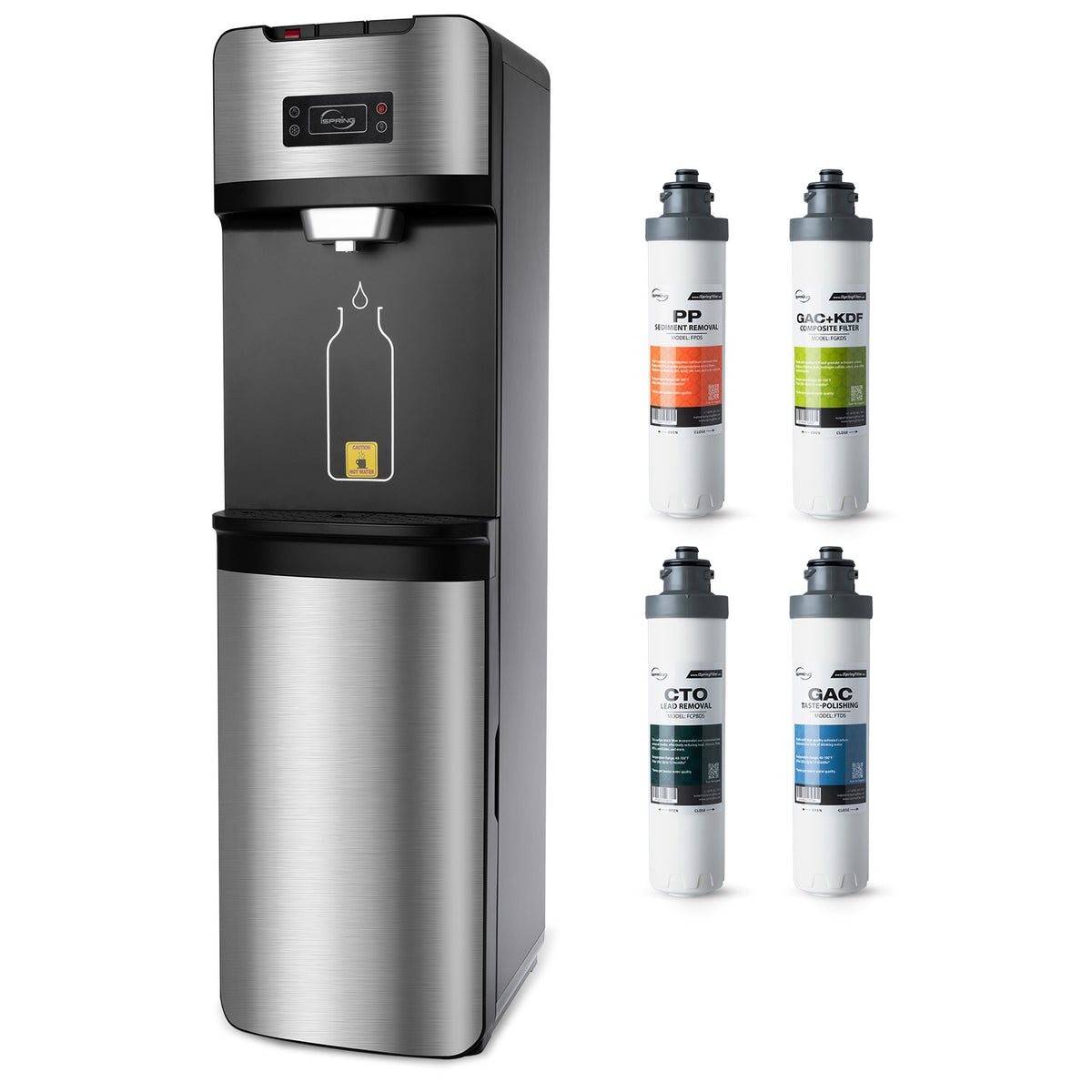 iSpring Bottleless Water Dispenser with 4-Stage Filtration, SGS-Tested 99% of Lead Removal, Water Cooler Dispenser - Hot, Cold, Room Temp, Self Cleaning, Stainless Steel, Silver, Model: DS4S-PB