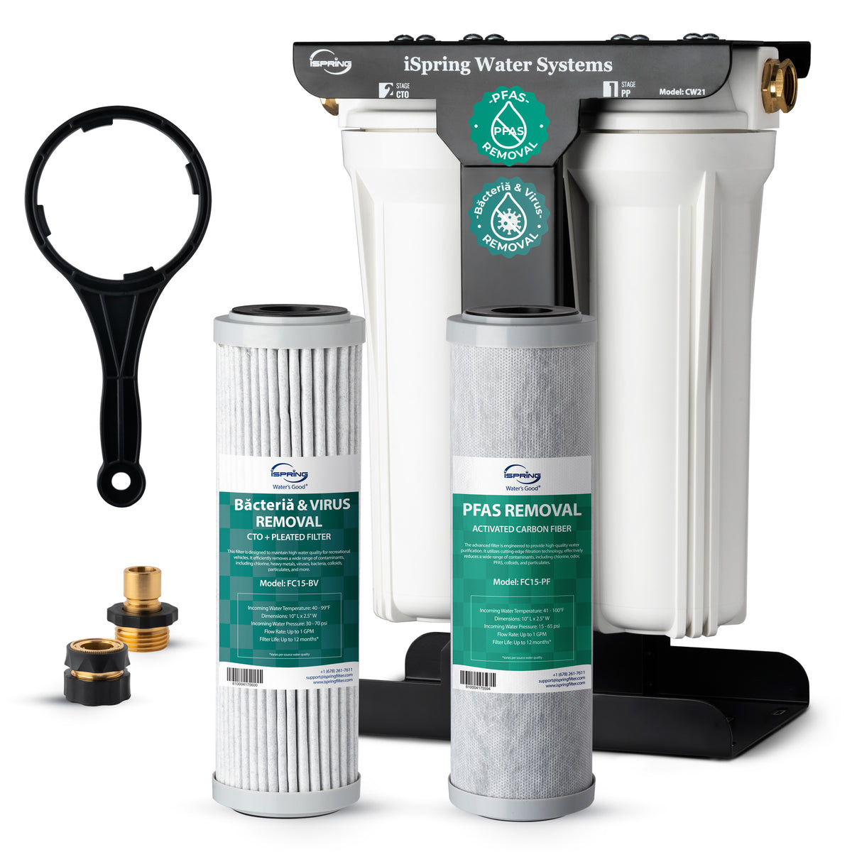 iSpring CW21-PFBV 2-Stage RV Water Filtration System, SGS-Tested PFAS, Bacteria, Viruses Removal, Dual Advanced Filters, 3/4'' Lead-Free Brass Quick Connectors, Tankless, High Capacity