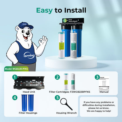 iSpring WGB22B-PFKS PFAS & Heavy Metal Whole House Water Filter System, Also Reduces Chlorine, Hydrogen Sulfide, Odor, Bad Taste, SGS-Tested Reducing up to 99% of PFAS, 1” Inlet/Outlet