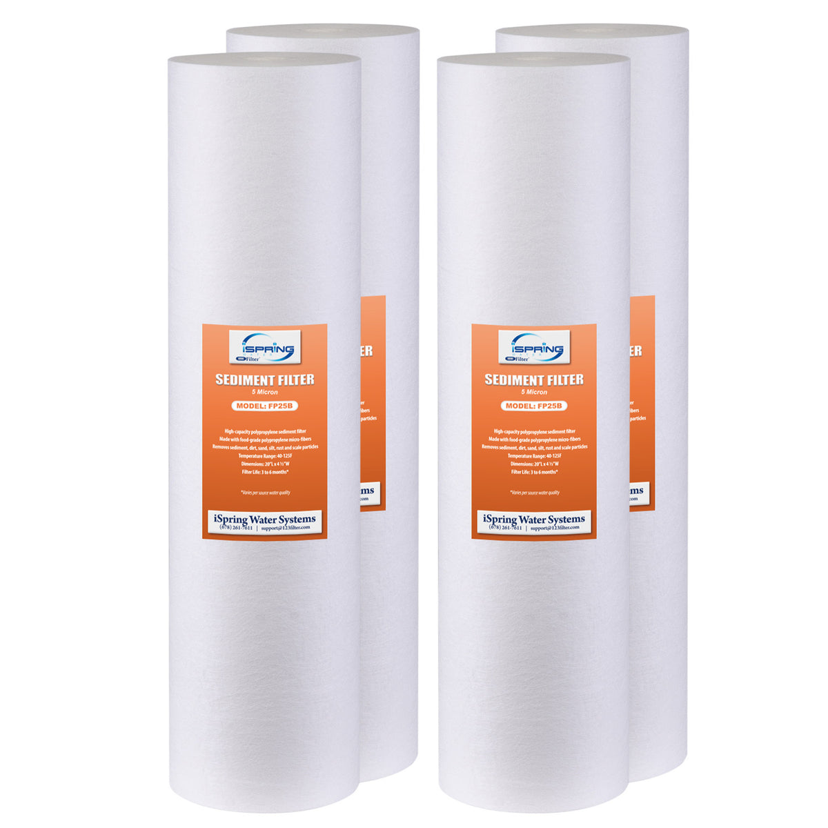 iSpring FP25BX4 20” x 4.5” Whole House Water Filter Replacement Cartridges - Fine Sediment Filters - 5 Micron - Pack of 4