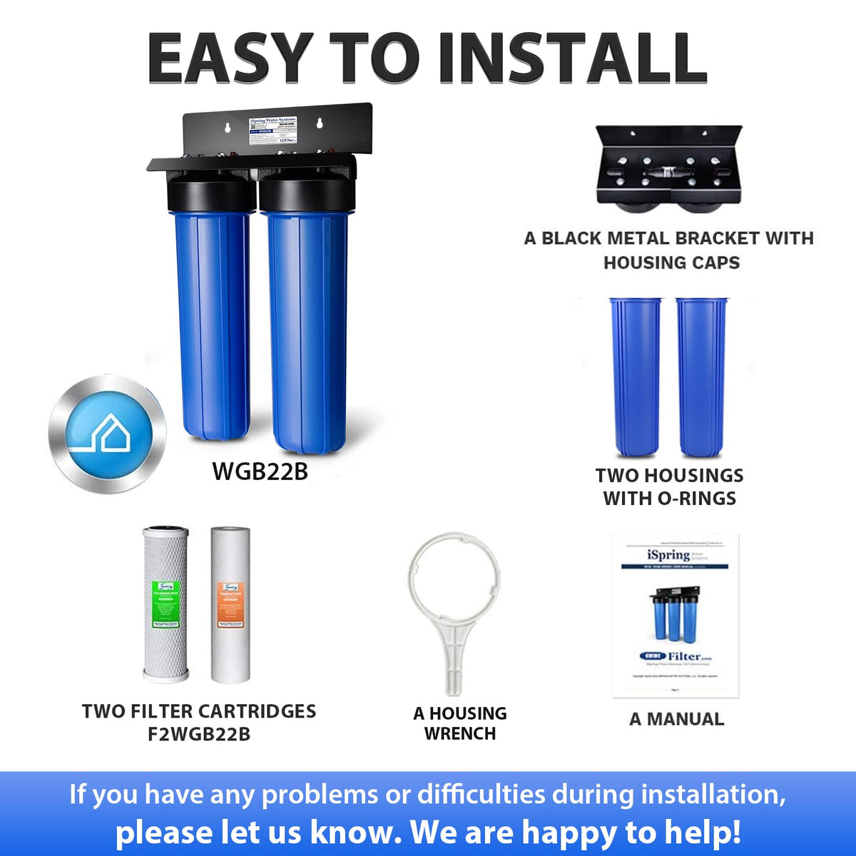 iSpring WGB22B 2-Stage Whole House Water Filtration System, 20” x 4.5” Sediment & Carbon Block Filters, Removes up to 99% Chlorine, Fine Sediment and Bad Taste Removal
